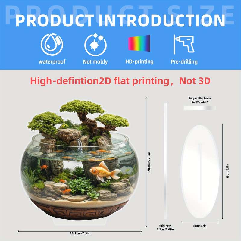 1pc 2D Flat  Acrylic Trim 8-Inch Glass Container with Golden Fish and Artificial Mountain Landscape