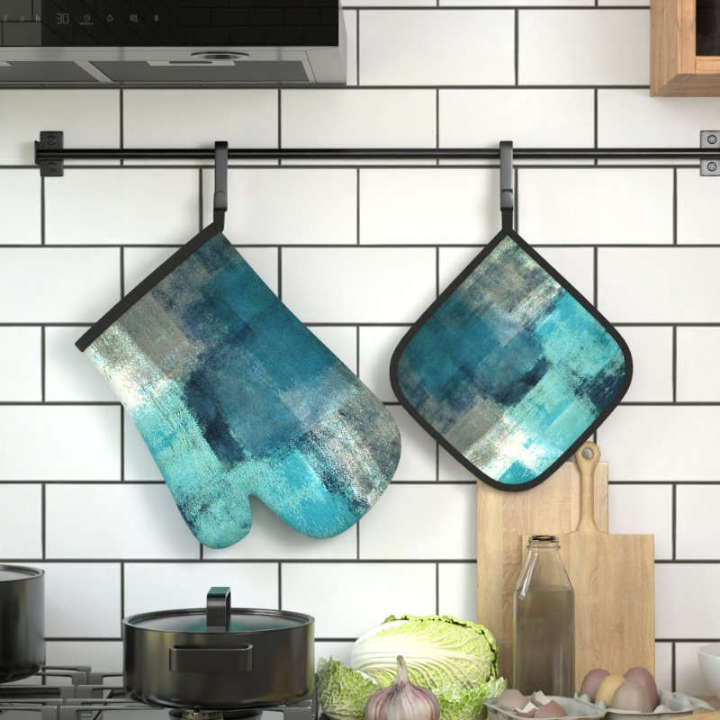 2pcs Heat-Resistant Oven Mitts Pot Holders 26.92x17.02 cm Blurred Blue White Pattern Dur