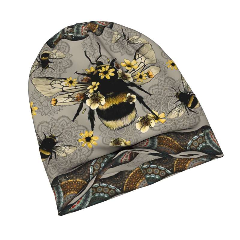 1pc Fashionable Men'S Novelty Bee and Floral Print Skull Cap Polyester Knit Beanie with Elast