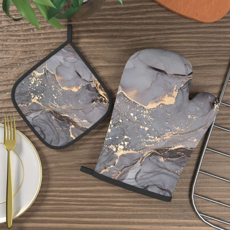 2pcs Grey Marble Pattern Polyester Oven Mitts Heat Resistant Potholders Machine Washable Wov