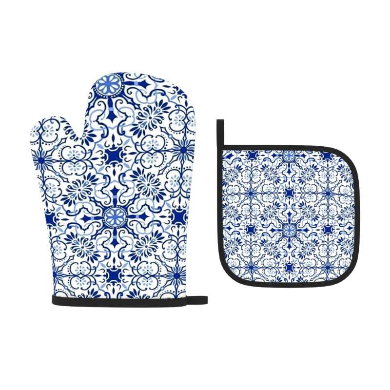 2pcs Blue White Porcelain Pattern Oven Mitts Heat Resistant Decorative Kitchen Gloves for