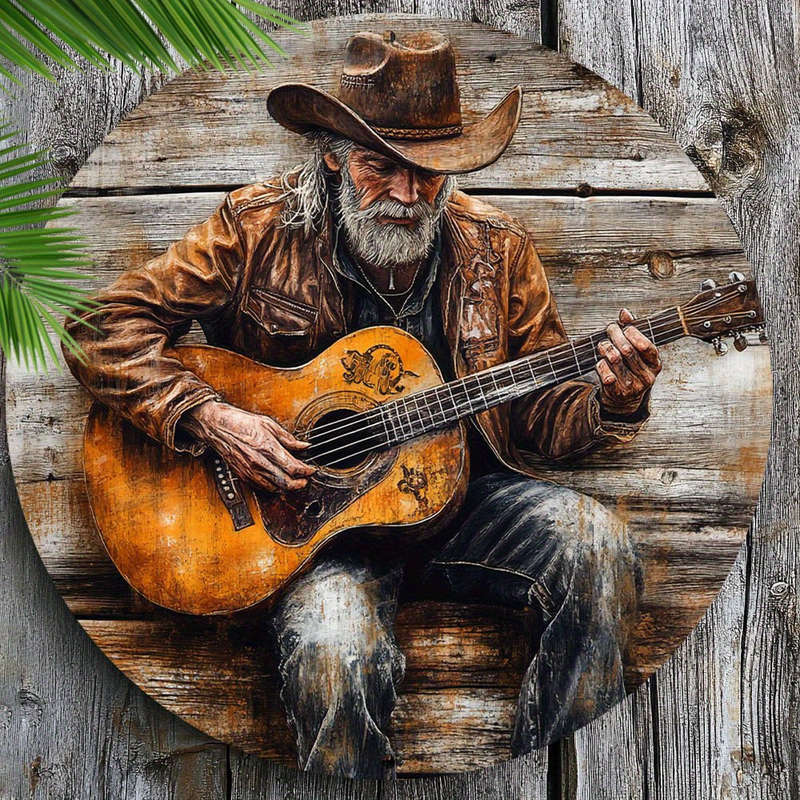 1pc  Rustic Guitar Player Metal Sign Vintage Denim Guitar Wall Art Waterproof HD Print Pre