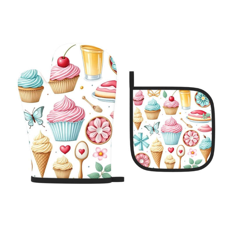 2pcs Colorful Dessert Butterfly Design Heat-Resistant Oven Mitts 26.92x17.02 cm Polyester K