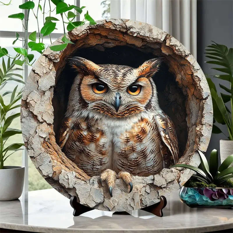 1pc Charming 20.32cm Vintage Owl Wall Art Decor Rustic 3D Embossed Aluminum Easy-to-Hang with Pre-Dr