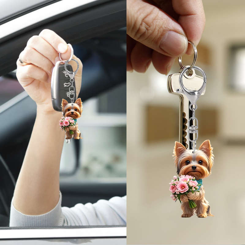 1pc 2D Flat  Yorkshire Terrier Dog acrylic Keychains Yorkie Accessories for Women Girls Handbag Char