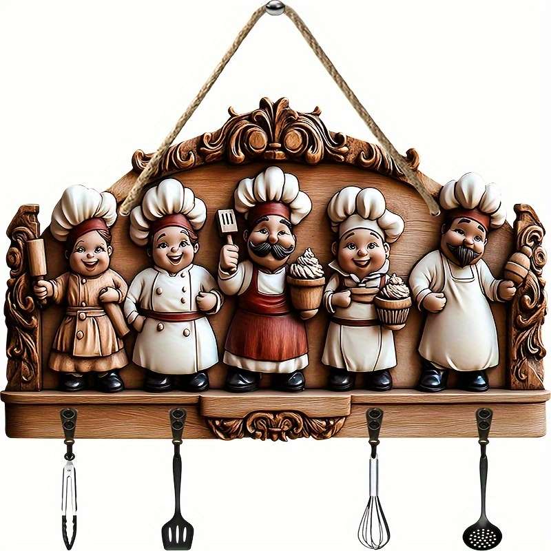 1pc Happy Chef Family Wooden Key HolderVintage Style Wall-Mounted Decor with Four Metal Hooks 2D