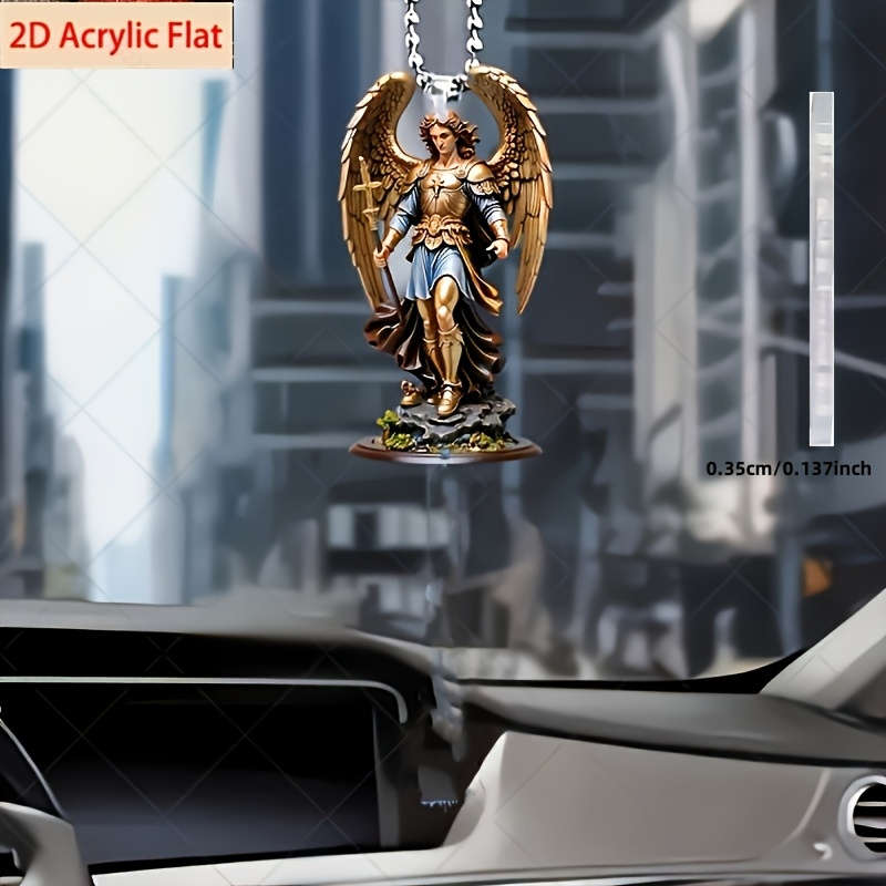 1pc 2D Flat  Acrylic Archangel Michael Pendant Detailed Angel Statue with Blue Tassel Christian R