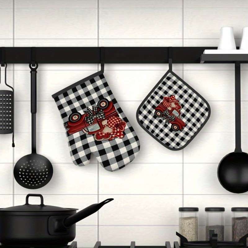 2pcs 26.92x17.02 cm Oven Mitts And Potholders Happy Valentine's Day Black and white checkered T
