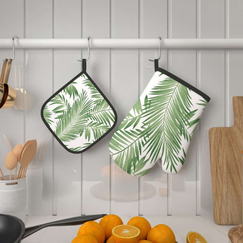 2pcs Summer Green Leaves Oven Mitts Pot Holders Set 26.92x17.02cm Heat Resistant Machine W