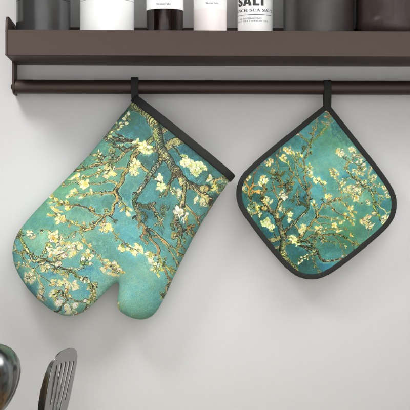 2pcs Blooming Almond Tree Branches Oven Mitt Set Heat Resistant Polyester Kitchen Gloves and P