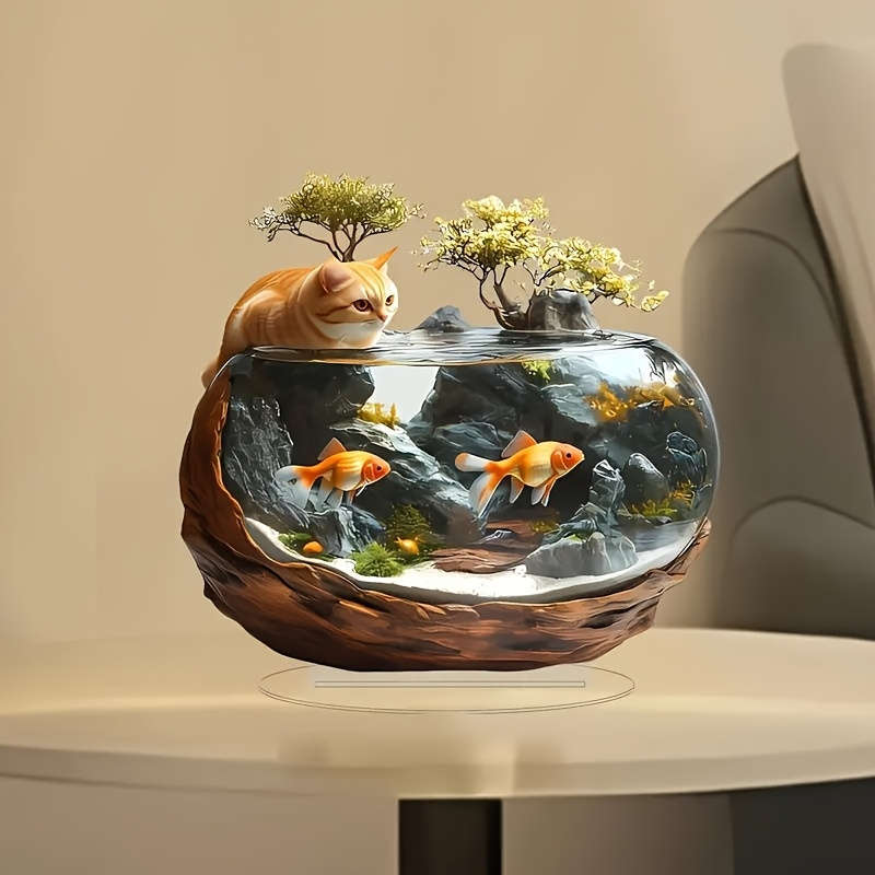 1pc 2D Flat   Plane Vintage Style  Acrylic Greedy Cat Aquarium Tabletop Decoration Animal The