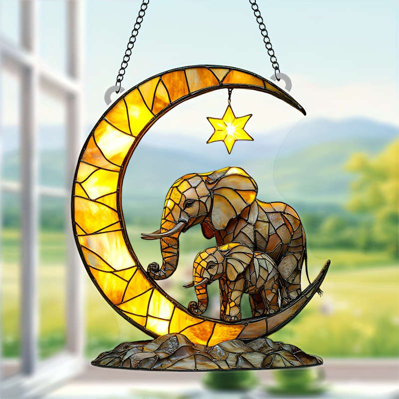 1pc 2D Flat  17.78cm x 20.32cm Acrylic Moon Star Elephant Family Wall Art Vibrant Stained Glass