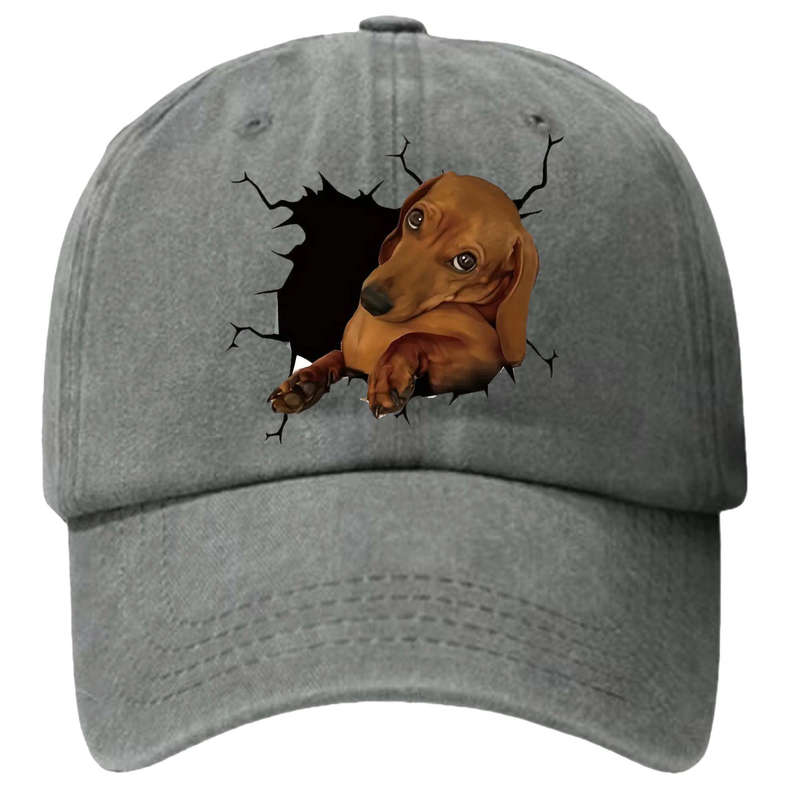 1pc Cotton Baseball Cap with 3D Dachshund Dog Print Unisex Distressed Vintage Washed Adjustable C