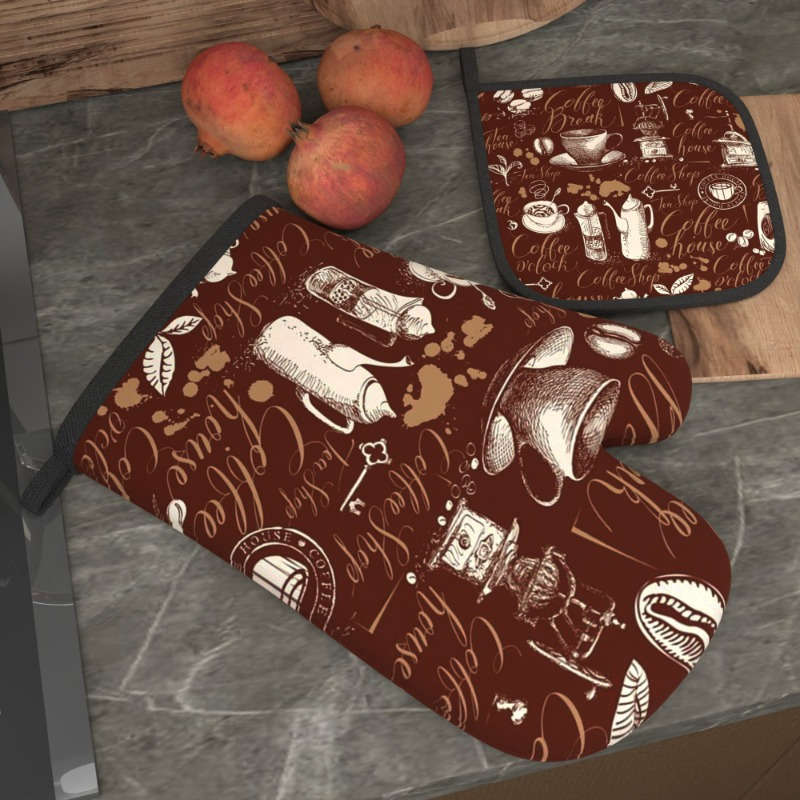 2pcs Vintage Coffee-Themed Heat-Resistant Oven Mitts Pot Holders 26.92x17.02 cm Brown with