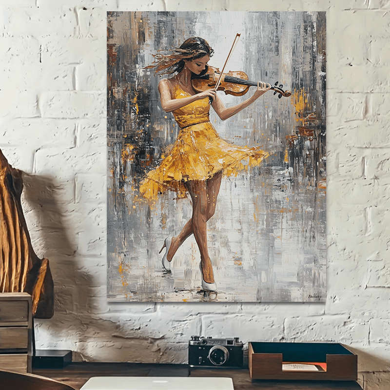 1pc  Dynamic Violin Playing Lady Canvas Art Energetic Performance in Yellow Dress a Beaut