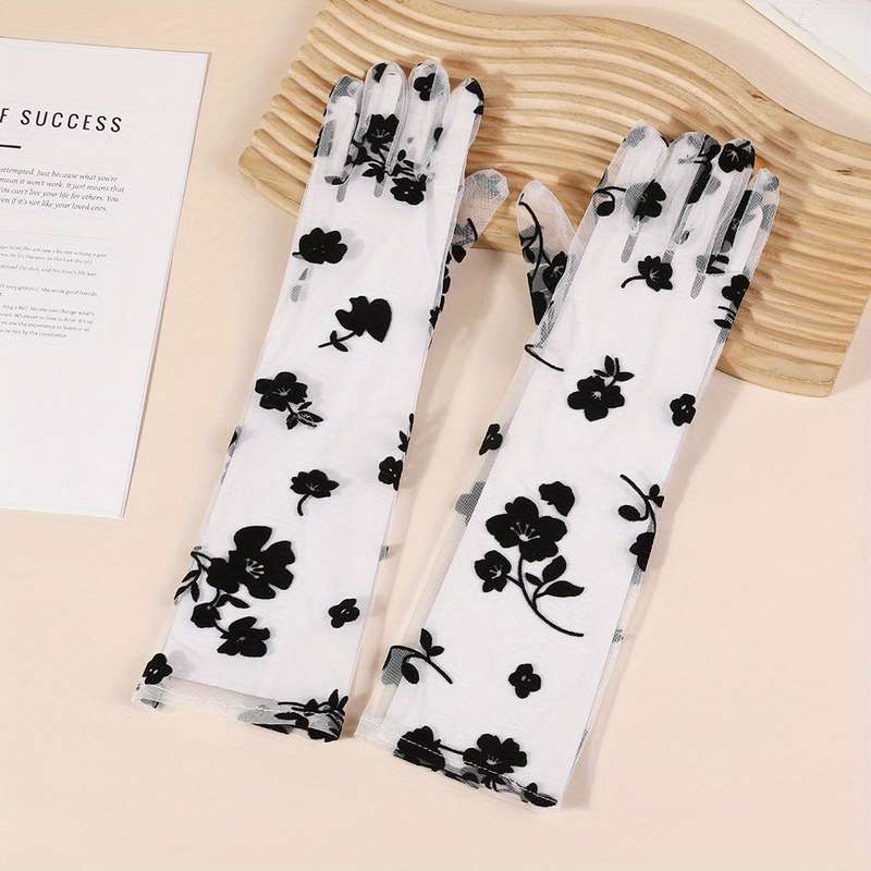 1 Pair Black Retro Rose Long Lace Gloves