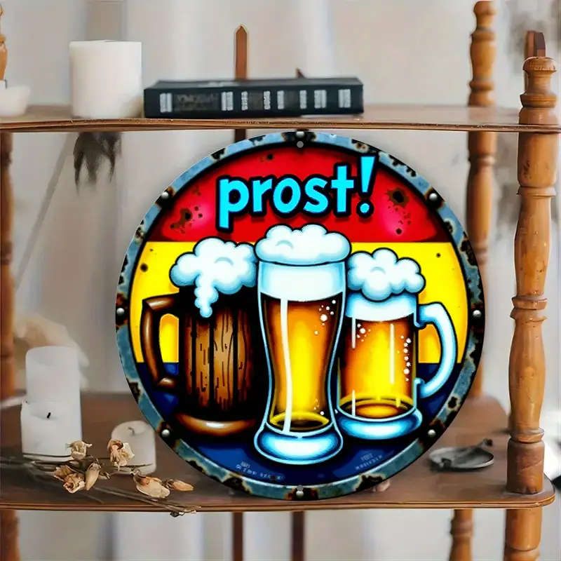 1pc Festive Beer Mug Metal Sign 20.32x20.32cm Round Aluminum Wall Art with Prost Greeting Ideal for