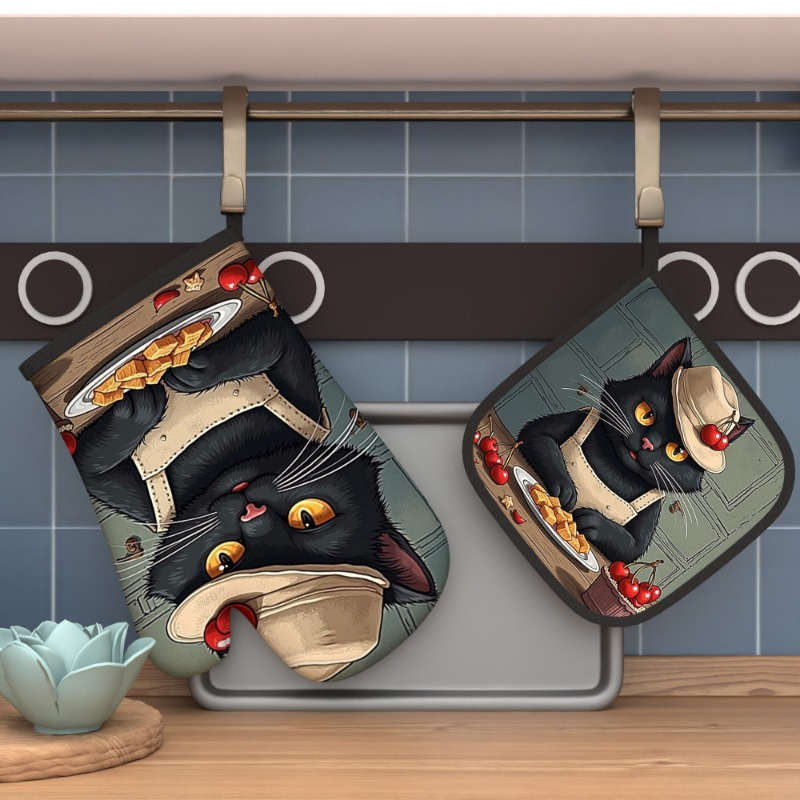 2pcs 26.92x17.02 cm Oven Mitts And Potholders Kitchen Style Black Cat Artistic Style Heat Resis