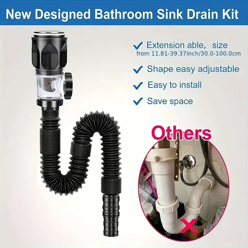 1pc Odor-Resistant Bathroom Sink Drain Kit with Expandable P-Type Elbow Durable Stainless Steel ABS