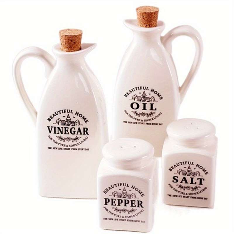4pcs Ceramic Kitchen Storage Bottles with Cork Lids Rust-Proof Oil Spice Jars Vintage-Insp