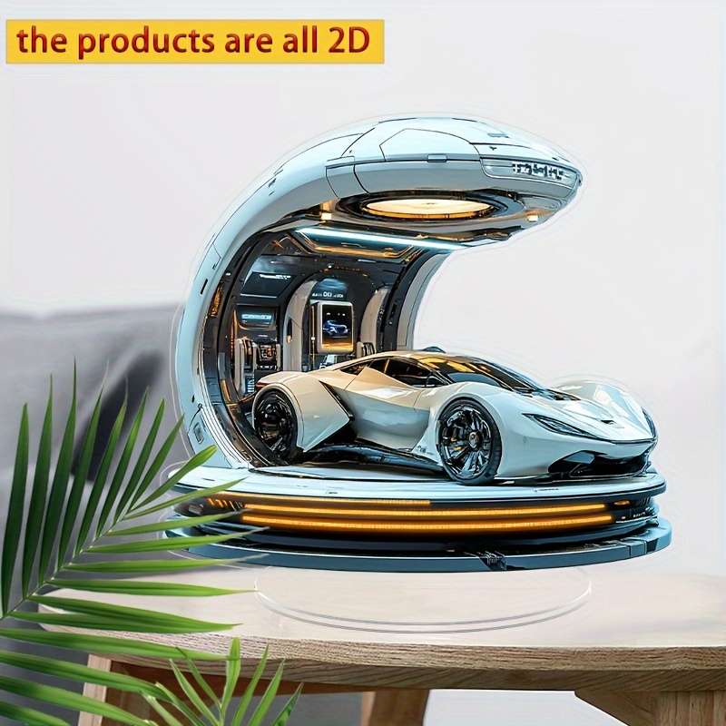 1pc 2D Flat  Bohemian  Acrylic Sports Car Gas Station Decorative Sign with Stand Sleek White