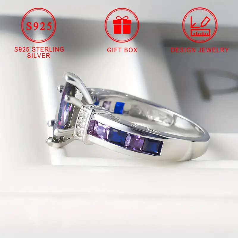 Colored Synthetic Zirconia Ring in Horse Eye Shape S925 Silver