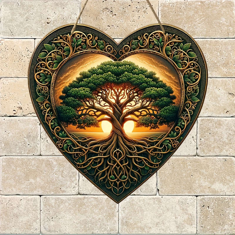 1pc 2D Flat  Acrylic Tree of Life Wooden Hanging Sign-Heart-Shaped Garland Door