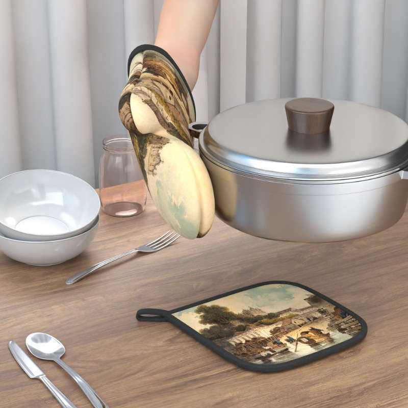 2pcs Heat-Resistant Oven Mitts with Charming Small Town Life Design 26.92x17.02 cm Polyester