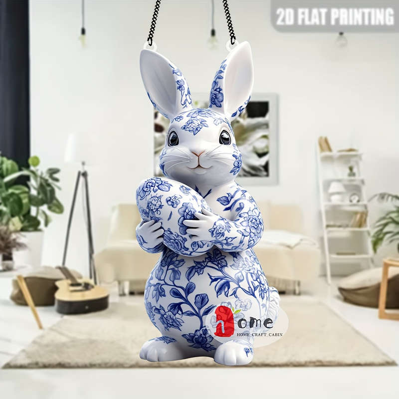 1pc 2D Flat   Blue and White Porcelain Rabbit Acrylic Pendant- Classic Style Decorativ Perfect