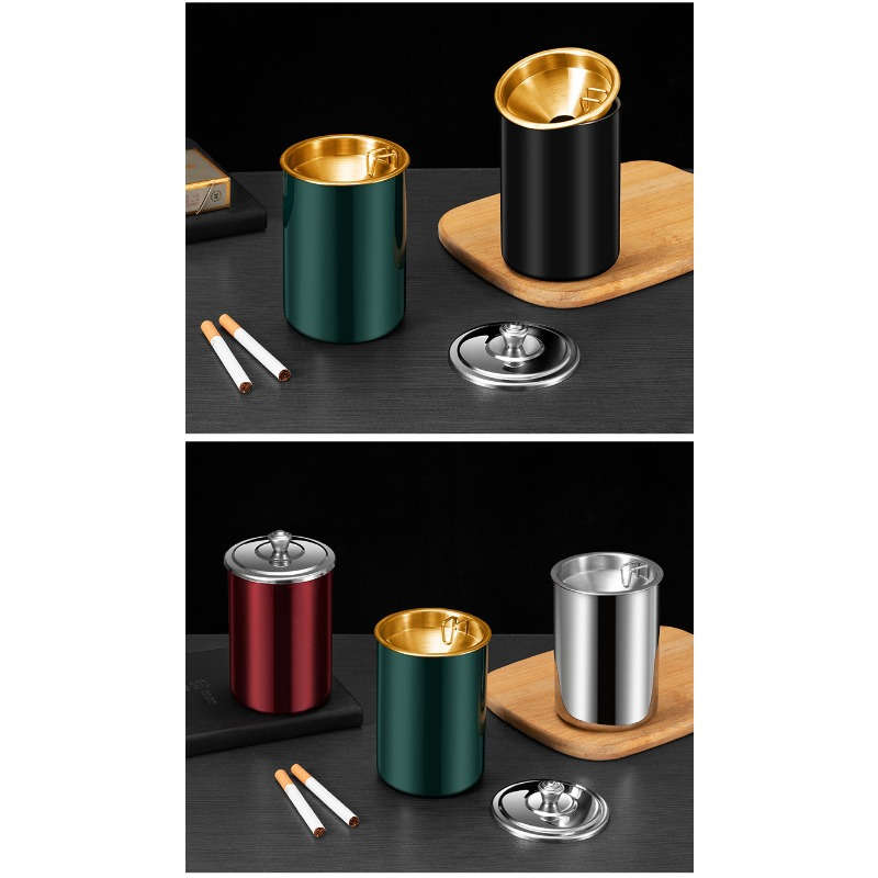 1pc Stainless Steel Home Living Room With Cover Ashtray Hotel Anti-fly Ash Drop-proof And Windproo