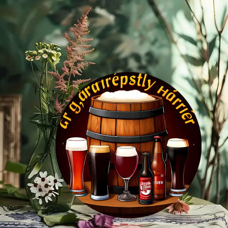 1pc Vintage Beer Barrel Glasses Wall Decor 19.81cm Round Aluminum Sign Rustic Brewing Theme Durable