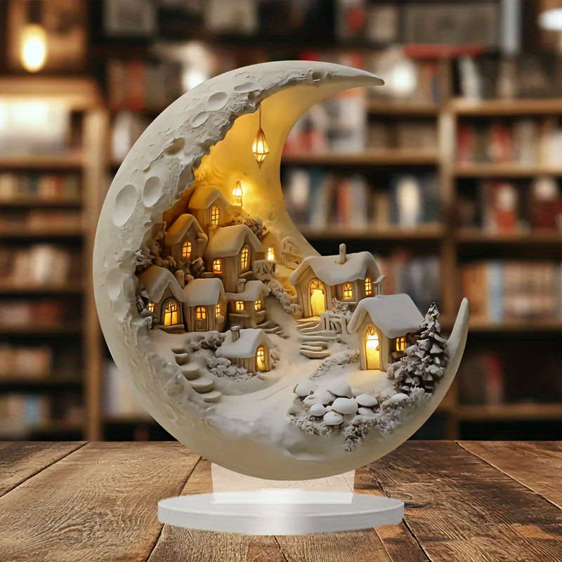 1pc 2D Flat  Bohemian Style Crystal Moon Phase Snowy Village Decor Dreamy Pastel Grey Acrylic P
