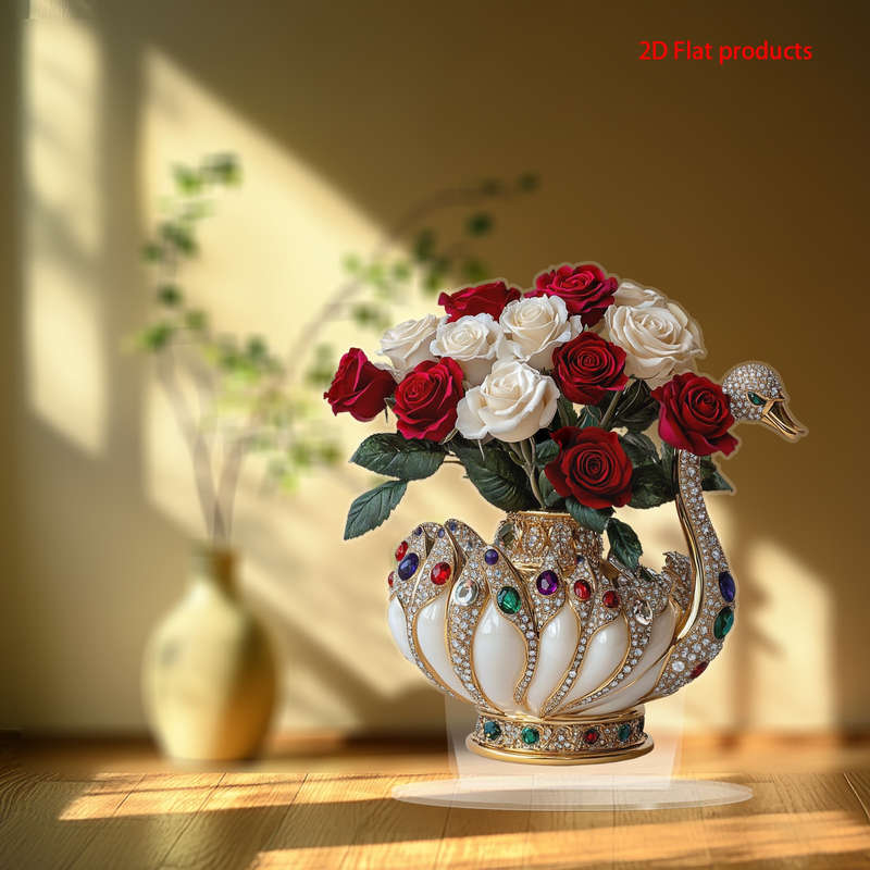 1pc 2D Flat  Elegance Swan Vase with Gemstone Embellishments White and Gold Acrylic Tabletop Deco