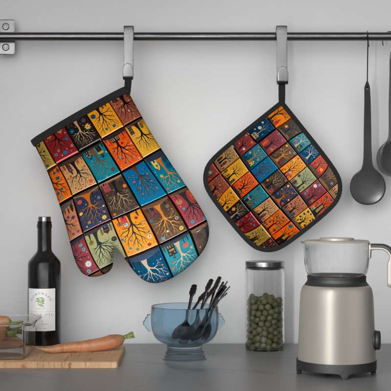 2pcs Colorful Tree Art Heat Resistant Oven Mitts and Pot Holders 26.92x17.02 cm Vibrant Patc
