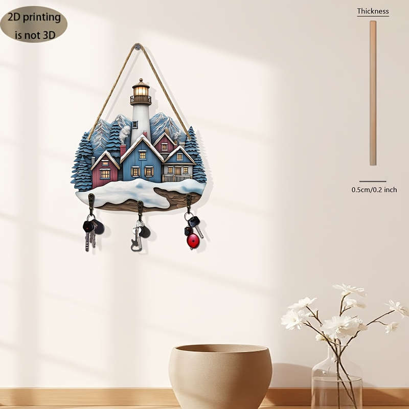 Bohemian Lighthouse and Snowy Cabin Wooden Key Holder with 3 Metal Hooks Charming Wall-Mounted Sto