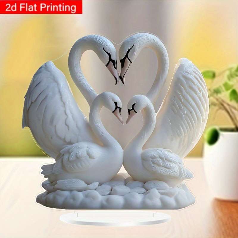 1pc 2D Flat   Acrylic Swan Couple Heart Sculpture Elegant Desktop Decor with Display Stand Rom