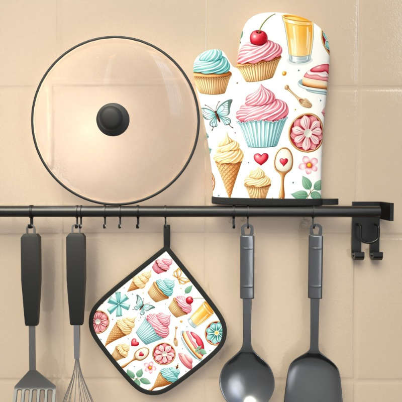 2pcs Colorful Dessert Butterfly Design Heat-Resistant Oven Mitts 26.92x17.02 cm Polyester K