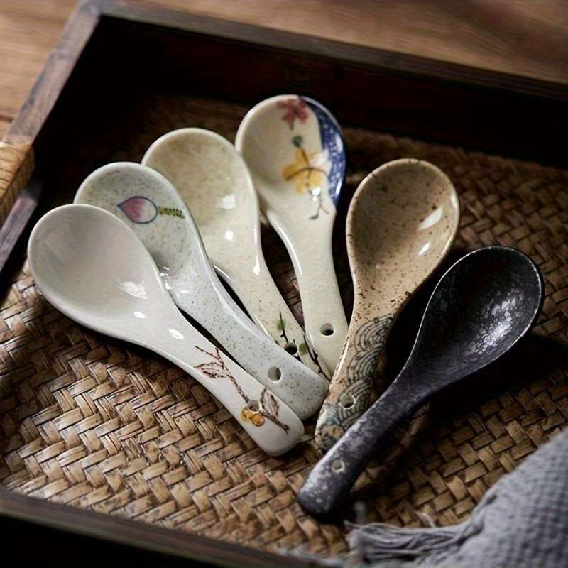 3pcs Japanese Vintage Ceramic Spoons Elegant Floral Golden Design Ideal for Serving Rice