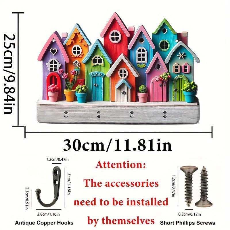 An enchanting piece a simple colorful wooden and household key holder with four metal hooks 30.0cm