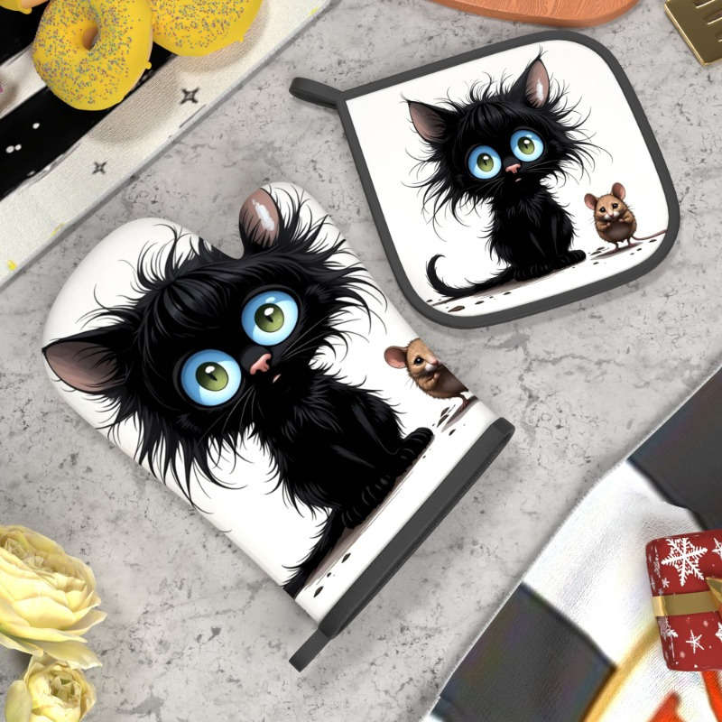 2pcs Heat-Resistant Oven Mitts Potholders Cute Black Kitten Brown Mouse Design 26.92x17.