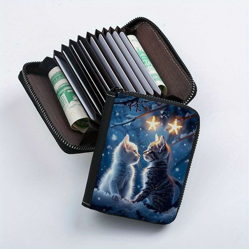 1pc Couple'S Cat Print PU Wallet Fashionable Printed Coin Purse with 9+2 Accordion Card Slots