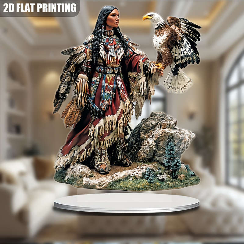1pc 2D Flat  Bohemian Indian Woman and Eagle Acrylic Sun Catcher 16.26cm x 20.83cm Vibrant  Fla