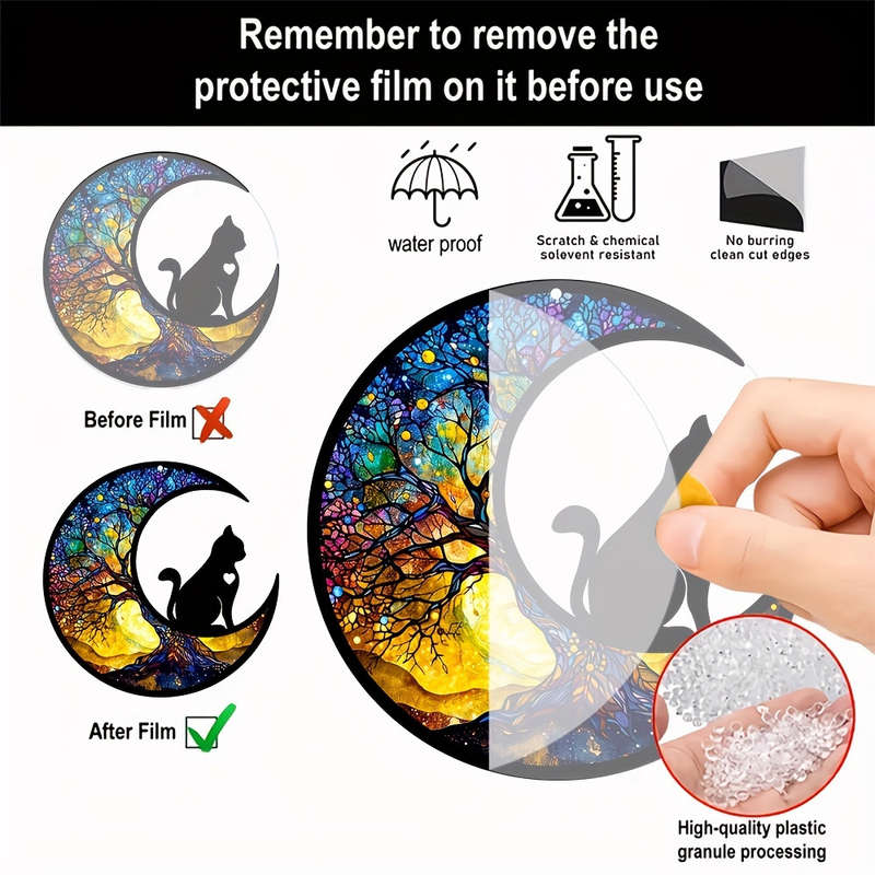 1pc 2D Flat  Stained Glass Style Cat Moon Acrylic Sun Catcher Vibrant Bohemian Window Hanging wit