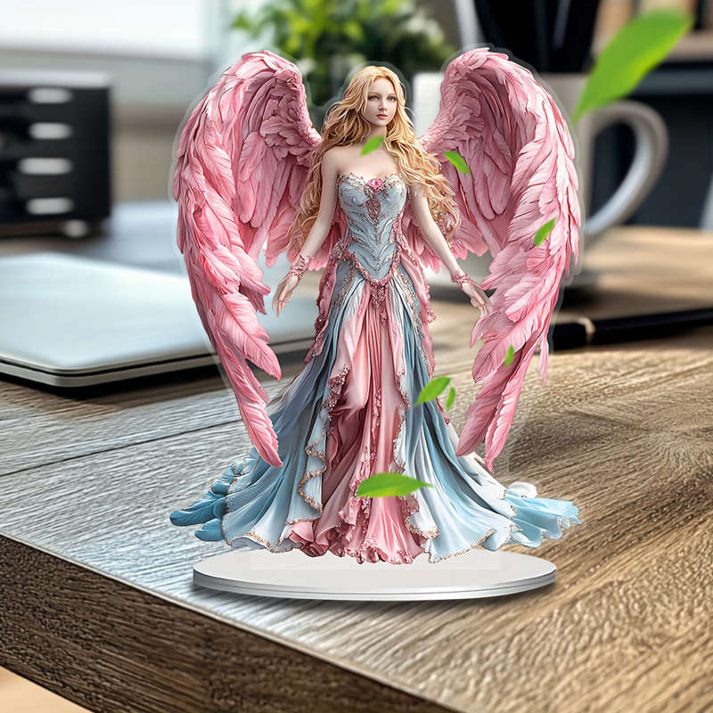 1pc 2D Flat   Bohemian Angel Figurine with Pink Wings Acrylic Desktop Decor Elegant Paste