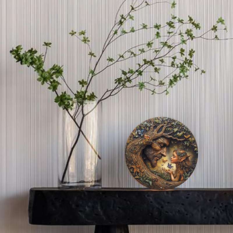 1pc 2D Flat 20.32x20.32cm Round Wooden Wall Art Vintage Tree and Flower Fairy Sign
