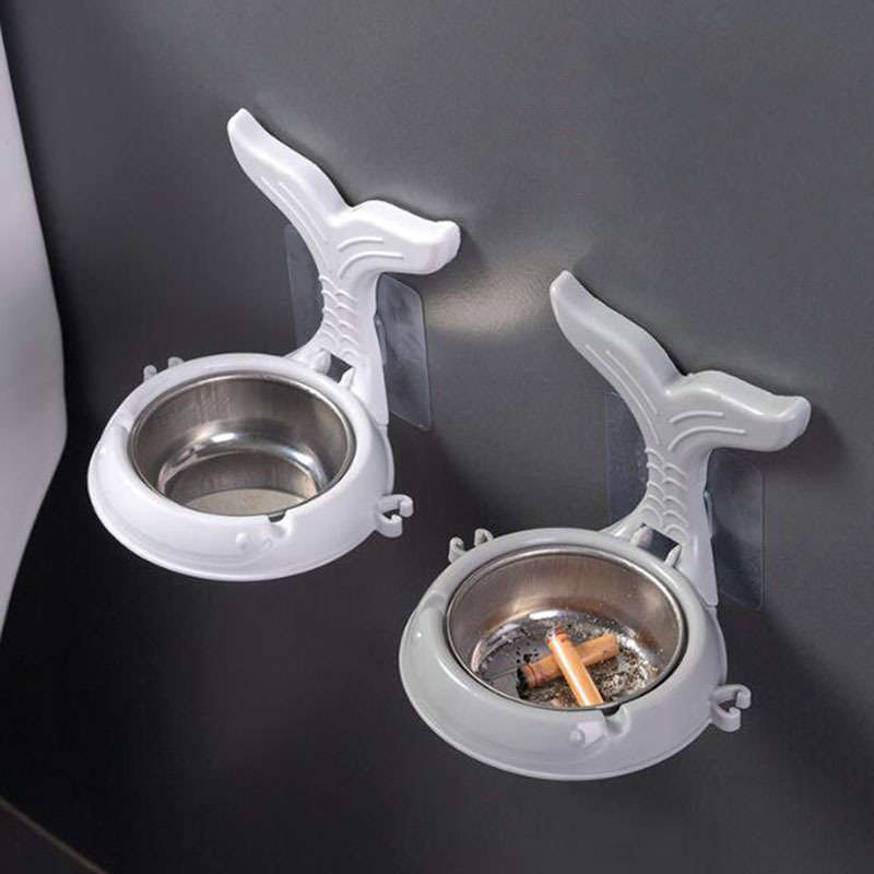 1pc Stainless Steel Fish-Shaped Wall-Mounted Ashtray with Cigarette Holder Waterproof No-Drill I