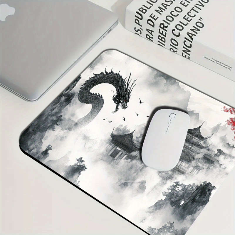 1pc 21x26cm Gaming Mouse Pad Vintage Ink-Style Dragon Design Non-Slip Rubber Desk Mat