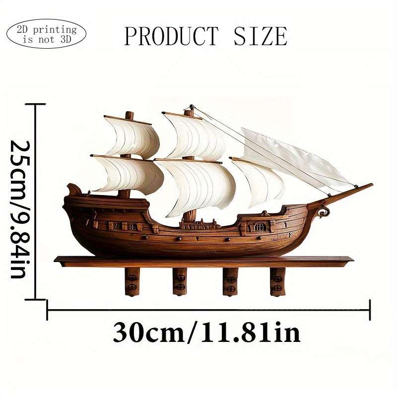 1pc Vintage Sailboat Wooden Key Holder with 4 Metal HooksEasy Install Space-Saving Wall Mount Or