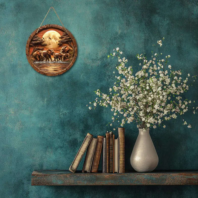 1pc Vintage Elephant Family Wooden Wall Art 20.32x20.32cm Round Decorative Sign with 2D Flat Print A