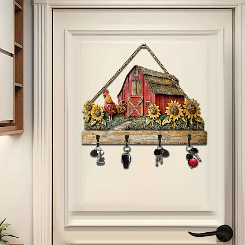1pc Warm Sunflower Farm- Household Wooden Keychain( 29.97cm X 24.99cm) with Four Metal Hooks- Mult